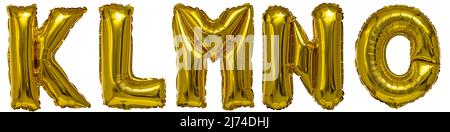 Echte Luftballons in Form von Buchstaben k l m n oder Metallic Gold auf weißem Hintergrund Stockfoto