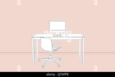 Heimbüro. Skizze moderne Büroeinrichtung. Schreibtisch. Vektordarstellung „Umriss“. Freiberuflich. Stock Vektor