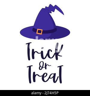 Ein magischer, hexe-ähnlicher lila Hut mit Schnalle. Eine Postkarte mit Handschriftzug-Trick or Treat. Halloween-Thema. Farbe flach Cartoon Vektor illustrati Stock Vektor