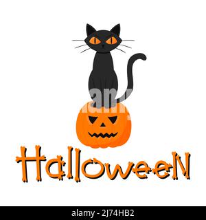 Gruselige Katze sitzt auf einer Kürbislaterne. Eine Postkarte mit dem Schriftzug Halloween. Flache Vektorgrafik isoliert auf weißem Hintergrund Stock Vektor