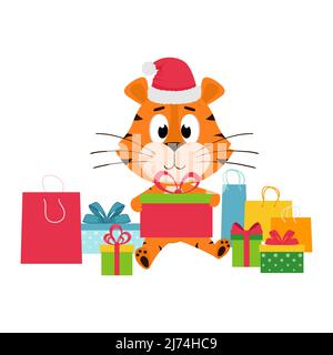 Ein niedlicher Cartoon-Tiger in einem Weihnachtsmann-Hut sitzt umgeben von Geschenkboxen und Paketen. Frohe Weihnachten und Frohes neues Jahr. Die Farbvektordarstellung ist Stock Vektor