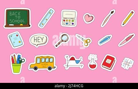 Schulaufkleber mit weißem Umriss. Bedruckbarer Aufkleber für Scrapbooking. Sammlung von Schulbedarf im Doodle-Stil. Handfarbige Elemente Stock Vektor