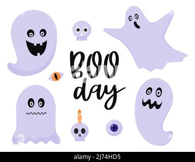 Eine Reihe von Geistern, Geistern, Poltergeisten. Halloween Deko-Elemente, ein Totenkopf, ein Augapfel, ein Totenkopf mit einer Kerze. Farbe flach Cartoon Vektor illustrat Stock Vektor