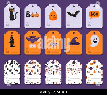Eine Sammlung von bunten Geschenketiketten mit Halloween-Symbolen und Wörtern - bis, von. Kürbislaterne, Fledermaus, Katze, Gift, Geisterhaus, geist, Eule, Hut. F Stock Vektor