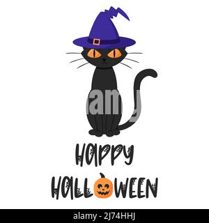 Sitzen runzelig schwarze Katze in einem magischen Hut. Font Text - Happy Halloween. Eine Postkarte mit typeskriptbeschriftetem Schriftzug. Flache Cartoon-Vektor-Illustration isolieren Stock Vektor