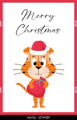 Ein niedlicher Cartoon-Tiger in einem Weihnachtsmann-Hut steht und hält eine rote Tasche mit Geschenken. Eine Grußkarte mit der Aufschrift Frohe Weihnachten. Farbvektor il Stock Vektor