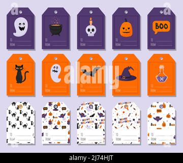 Ein Satz farbenfroher Geschenkanhänger mit Halloween-Symbolen und Wörtern - an wen, von wem. Geist, Hut, Kürbislaterne, Kessel, Boo, Totenkopf mit Kerze. Flach Stock Vektor
