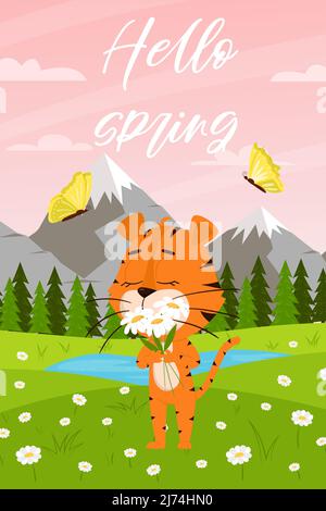 Nette Cartoon Tiger schnuppert Kamillenblumen auf dem Hintergrund der Sommerlandschaft mit Wald und Bergen.Vertikale rechteckige Karte mit einem entzückenden Stock Vektor