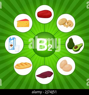 Ein quadratisches Poster mit Lebensmitteln, die Vitamin B2 enthalten. Riboflavin. Medizin, Ernährung, gesunde Ernährung, Infografiken. Flach Cartoon Lebensmittel Elemente auf einem br Stock Vektor