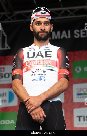 01. Mai 2022, Hessen, Frankfurt/Main: Radfahren: UCI WorldTour - Eschborn - Frankfurt (185 km). Der Vizemeister Fernando Gaviria aus Kolumbien vom Team UAE Team Emirates. Foto: Sebastian Gollnow/dpa Stockfoto