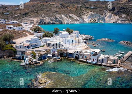 Luftaufnahme des Fischerdorfes Mandrakia.Insel Milos Stockfoto