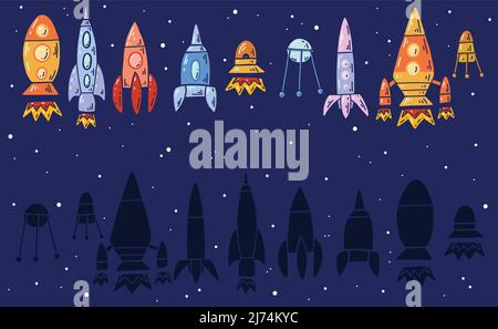 Vektor-Vorlage für Vorschulspiele. Finden Sie den richtigen Schatten. Pädagogischer Spaß für Kinder. Finde die richtige schwarze Silhouette für Raketen im Kosmos. Zeichentrickfilm Stock Vektor