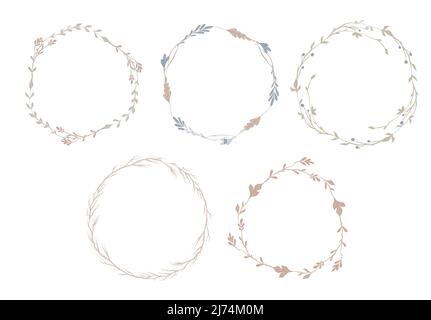 Vektor-Set von Kreis Kräuter Grenzen. Runde Rahmen Sammlung von Zweigen und Blumen isoliert vom Hintergrund. Natürliche Designelemente für Einladungen Stock Vektor