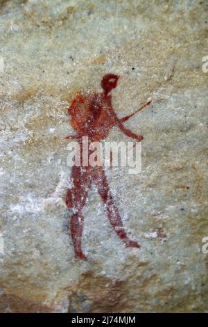 Alte Felsmalerei des San, Einheimische Südafrikas, Sevilla Rock Art Trail, Cederberge in der Nähe von Clanwilliam und Wuppertal, Südafrika, Westen Stockfoto