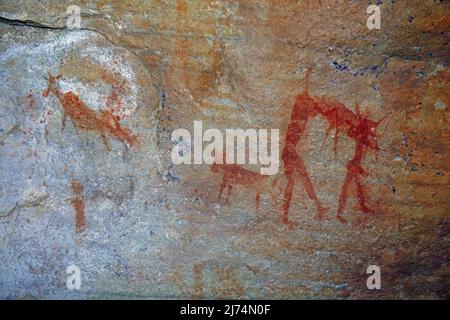 Alte Felsmalerei des San, Einheimische Südafrikas, Sevilla Rock Art Trail, Cederberge in der Nähe von Clanwilliam und Wuppertal, Südafrika, Westen Stockfoto