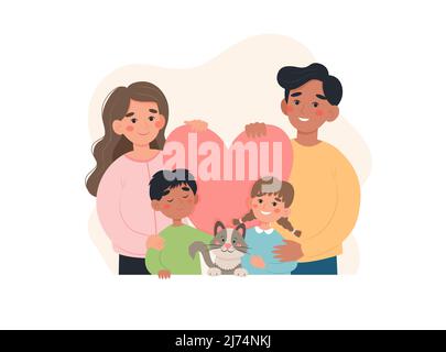 Internationales Familienkonzept. Eltern verschiedener Nationalitäten mit Kindern und Katzen. Niedliche Vektor-Illustration in flachen Cartoon-Stil Stock Vektor
