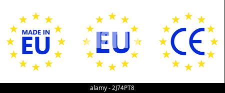 Hergestellt in der EU. CE-Zeichen. Logo der Europäischen Union. Vektorgrafik. EU-Flaggensymbol mit Sternen. Stock Vektor
