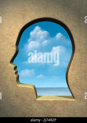 Ein strahlend blauer Himmel, der durch ein kopfförmiges Fenster gesehen wird. Digitale Illustration. Stockfoto