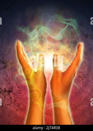 Mystische Energie, die aus offenen Händen entsteht. Digitale Illustration. Stockfoto