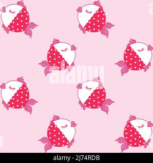 Nahtloses Vektor-Muster mit gefleckten Fischen auf rosa Hintergrund. Niedliches Tapeten-Design für Kinder. Unter Wasser schlafen Fisch Mode Textil. Stock Vektor