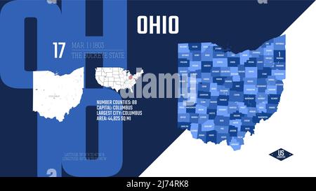 17 von 50 Bundesstaaten der Vereinigten Staaten, aufgeteilt in Grafschaften mit Territorialnamen, detaillierter Vektor Ohio Karte mit Namen und Datum, die dem Unio zugelassen sind Stock Vektor