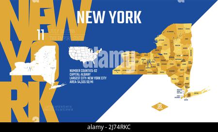 11 von 50 Bundesstaaten der Vereinigten Staaten, unterteilt in Grafschaften mit Territorialnamen, detaillierter Vektor New York Karte mit Namen und Datum, die dem zugelassen wurden Stock Vektor