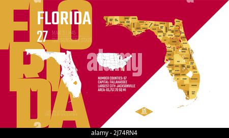 27 von 50 Bundesstaaten der Vereinigten Staaten, aufgeteilt in Grafschaften mit Territorialnamen, detaillierter Vektor Florida Karte mit Namen und Datum, die an die U zugelassen sind Stock Vektor