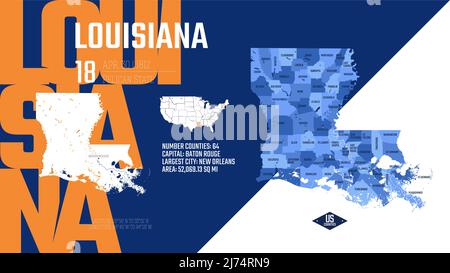 18 von 50 Bundesstaaten der Vereinigten Staaten, aufgeteilt in Grafschaften mit Territorialnamen, detaillierter Vektor Louisiana Karte mit Namen und Datum, die dem zugegeben wurden Stock Vektor