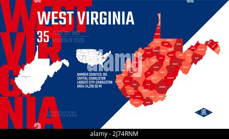 35 von 50 Bundesstaaten der Vereinigten Staaten, aufgeteilt in Grafschaften mit Territorialnamen, detaillierter Vektor West Virginia Karte mit Namen und Datum zugelassen zu Stock Vektor