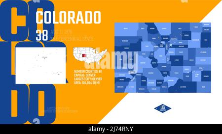 38 von 50 Bundesstaaten der Vereinigten Staaten, aufgeteilt in Grafschaften mit Territorialnamen, detaillierter Vektor Colorado Karte mit Namen und Datum, die dem zugelassen wurden Stock Vektor
