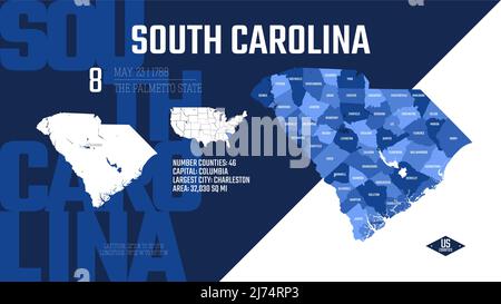 8 von 50 Bundesstaaten der Vereinigten Staaten, aufgeteilt in Grafschaften mit Territorialnamen, detaillierter Vektor South Carolina Karte mit Namen und Datum zugelassen zu Stock Vektor