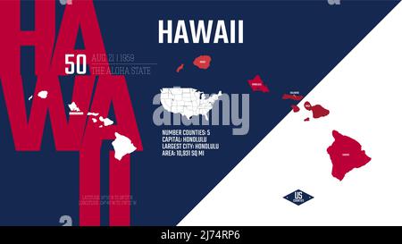 50 von 50 Staaten der Vereinigten Staaten, aufgeteilt in Grafschaften mit Territorialnamen, detaillierter Vektor Hawaii-Karte mit Namen und Datum, die bei der UNO zugelassen sind Stock Vektor