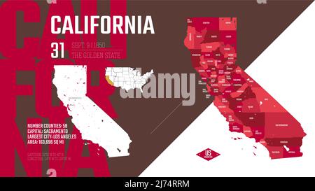 31 von 50 Bundesstaaten der Vereinigten Staaten, aufgeteilt in Grafschaften mit Territorialnamen, detaillierter Vektor California Map mit Name und Datum, das zum Th Stock Vektor