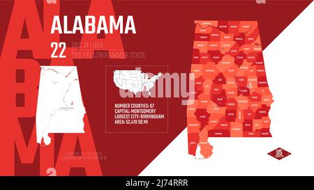 22 von 50 Bundesstaaten der Vereinigten Staaten, aufgeteilt in Grafschaften mit Territorialnamen, detaillierter Vektor Alabama Karte mit Namen und Datum, die an die U zugelassen sind Stock Vektor