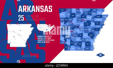 25 von 50 Bundesstaaten der Vereinigten Staaten, aufgeteilt in Grafschaften mit Territorialnamen, detaillierter Vektor Arkansas Karte mit Namen und Datum, die dem zugelassen wurden Stock Vektor