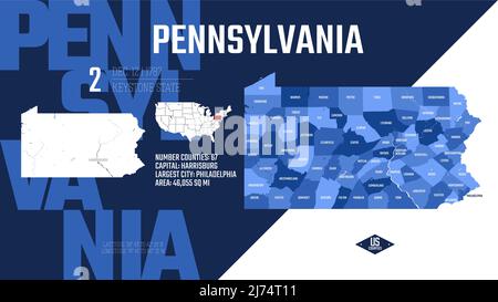 2 von 50 Bundesstaaten der Vereinigten Staaten, aufgeteilt in Grafschaften mit Territorialnamen, detaillierter Vektor Pennsylvania Karte mit Namen und Datum zugelassen zu t Stock Vektor