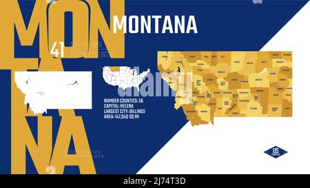 41 von 50 Bundesstaaten der Vereinigten Staaten, aufgeteilt in Grafschaften mit Territorialnamen, detaillierter Vektor Montana Karte mit Namen und Datum, die an die U zugelassen sind Stock Vektor