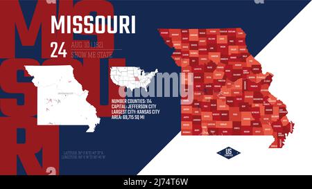 24 von 50 Bundesstaaten der Vereinigten Staaten, aufgeteilt in Grafschaften mit Territorialnamen, detaillierter Vektor Missouri Karte mit Namen und Datum, die dem zugegeben wurden Stock Vektor