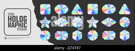 Schillernde Farbe holografische Aufkleber, Satz von Qualität Hologramm Regenbogen glänzende Embleme verschiedener Formen, Vektor-Illustration mockup Design la Stock Vektor