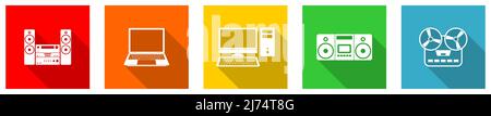 Set von bunten Web flat Design elektronische Geräte Vektor-Icons, Musikausrüstung, Computer-Konzept-Tasten für webdesign und mobile Anwendungen auf wh Stock Vektor