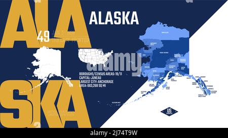 49 von 50 Bundesstaaten der Vereinigten Staaten, aufgeteilt in Grafschaften mit Territorialnamen, detaillierter Vektor Alaska-Karte mit Namen und Datum, die bei der UNO zugelassen sind Stock Vektor