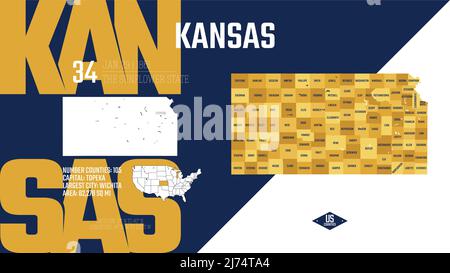 34 von 50 Bundesstaaten der Vereinigten Staaten, aufgeteilt in Grafschaften mit Territorialnamen, detaillierter Vektor Kansas Map mit Namen und Datum, die bei der UNO zugelassen sind Stock Vektor