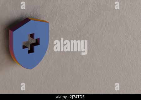 Schöne abstrakte Illustrationen Blaue Symbole für Gesundheits- und Sicherheitssymbole auf einem Wandhintergrund. 3D Rendering-Illustration. Hintergrundmuster für Design. Stockfoto