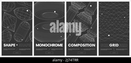 Kollektion Vektorplakate mit seltsamen Drahtgestellen geometrischer Formen modernes Design, inspiriert von Brutalismus, Strukturen verschiedener Formen, Retro-Futuris Stock Vektor