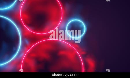 Leuchtende farbige runde Rahmen, kreisförmige rote und blaue Neonstrahlen in Rauch, Cyber-Hintergrund mit Copy Space, Cyberpunk futuristische Vektor-Illustration Stock Vektor