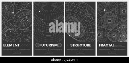 Kollektion Vektorplakate mit seltsamen Drahtgestellen geometrischer Formen modernes Design inspiriert von Brutalismus, 3D Struktur physische Figuren Set 4 Stock Vektor