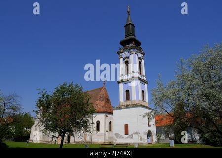 Serbisches Kovin-Kloster, Gottesmutter Serbisch-Orthodoxe Kirche, mit separatem Glockenturm, Rackeve, Csepel-Insel, Ungarn Stockfoto