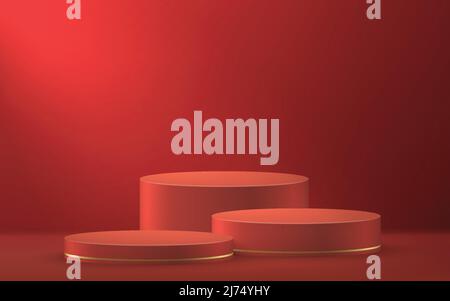 3D realistisches Podium oder Podest auf rotem Luxus-Hintergrund. Stock Vektor
