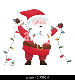 Ein niedlicher Weihnachtsmann in einem roten Anzug und Hut hält eine festliche Girlande mit Glühbirnen in den Händen. Der Weihnachtsmann lächelt. Entzückender Charakter Stock Vektor
