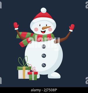 Ein süßer Schneemann mit Hut und gestreiftem Schal steht mit offenen Armen und Geschenkboxen. Eine Weihnachtszeichentrickfigur im flachen Stil ist auf einer dunklen BA isoliert Stock Vektor